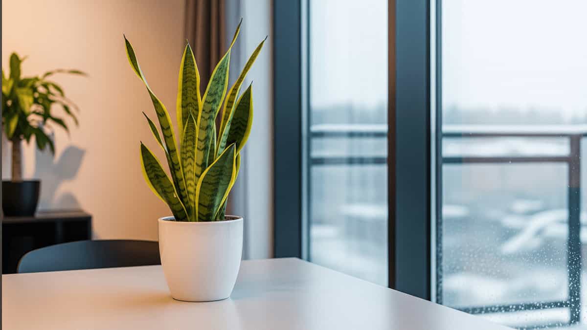 A vibrant snake plant in a white pot on a table, with a large window in the background showing a snowy Alberta winter landscape.