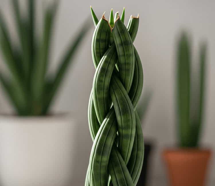 Close-up of a braided Sansevieria cylindrica, or cylindrical snake plant, with its distinctive round, dark green leaves.