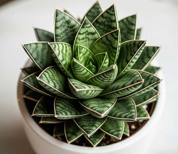 Overhead view of a compact Sansevieria trifasciata 'Hahnii' bird's nest snake plant with dark green leaves forming a rosette.