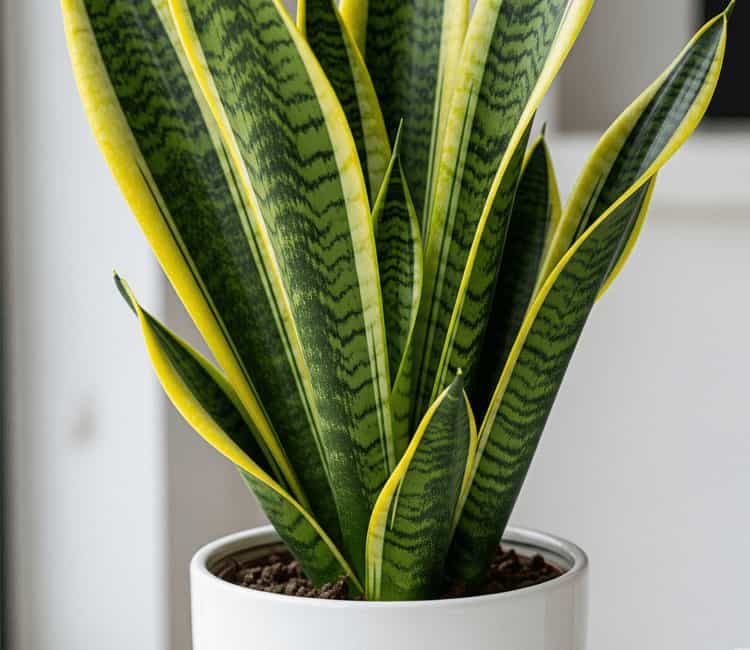 Close-up of a Sansevieria trifasciata 'Laurentii' snake plant with green leaves and prominent yellow edges in a white pot.