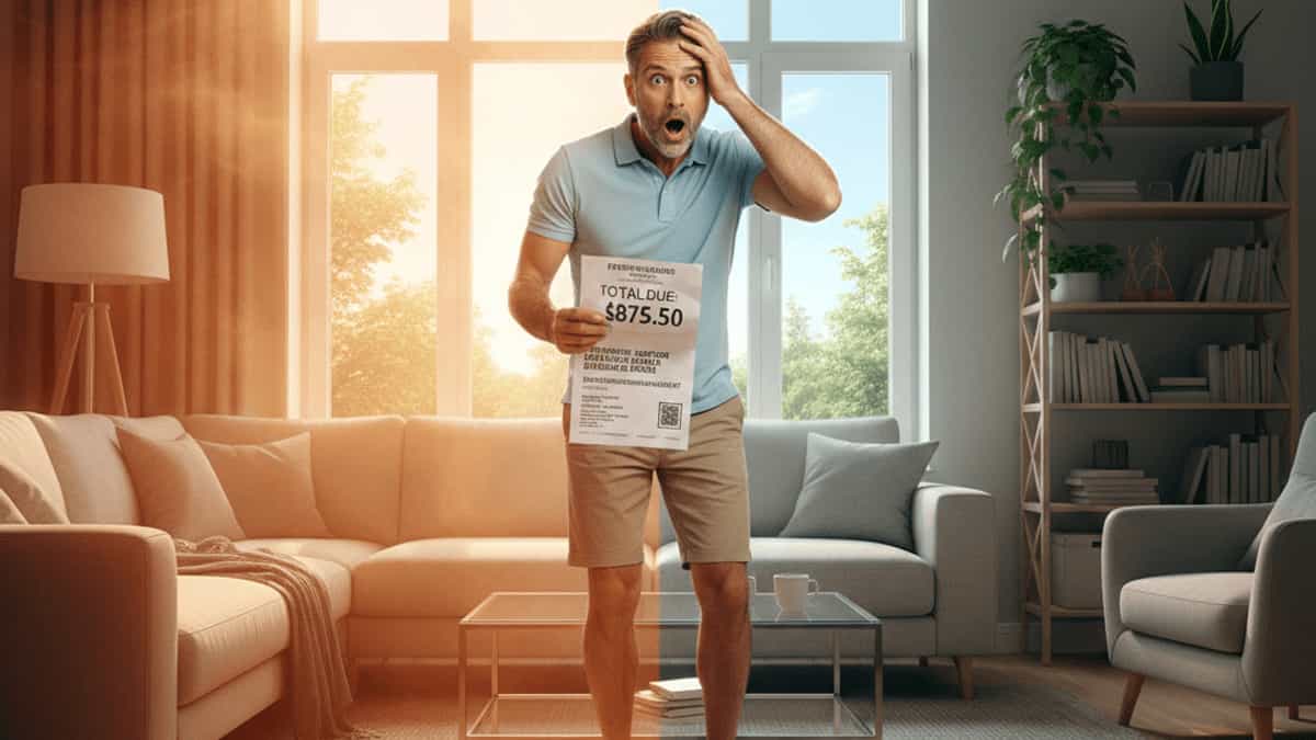 A shocked middle-aged man stands in his brightly lit living room holding a utility bill for $875.50, representing a high power bill likely caused by inefficient or drafty windows and poor home insulation.