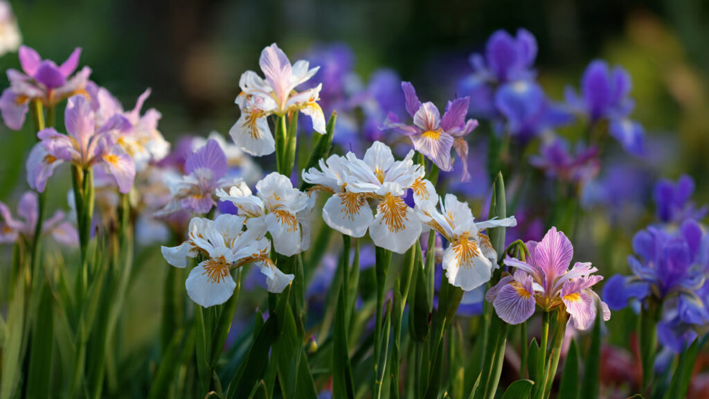 Lush garden scene with African iris (Dietes) in the foreground and tall purple bearded irises in the background