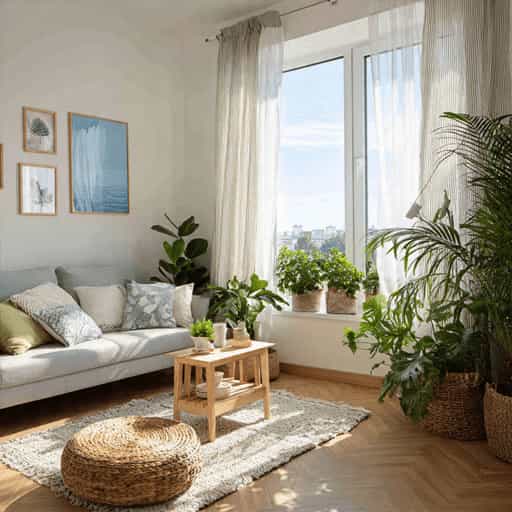 bright living room with indoor plants and sunlight from large window