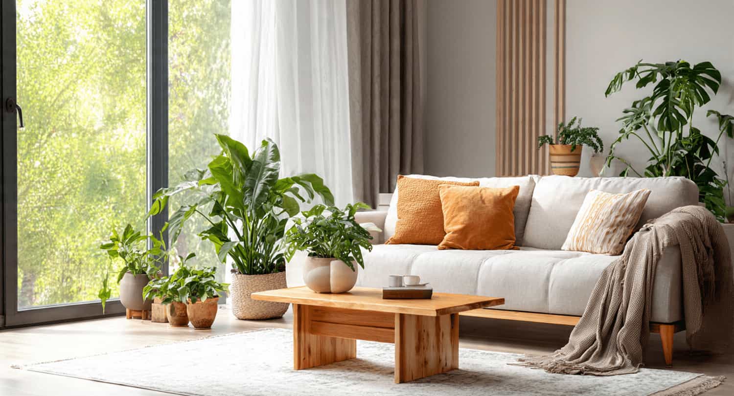 bright modern living room with indoor plants near a large window and wooden coffee table