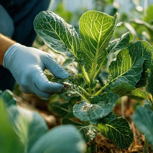 inspecting vegetable plant leaves for pests in garden