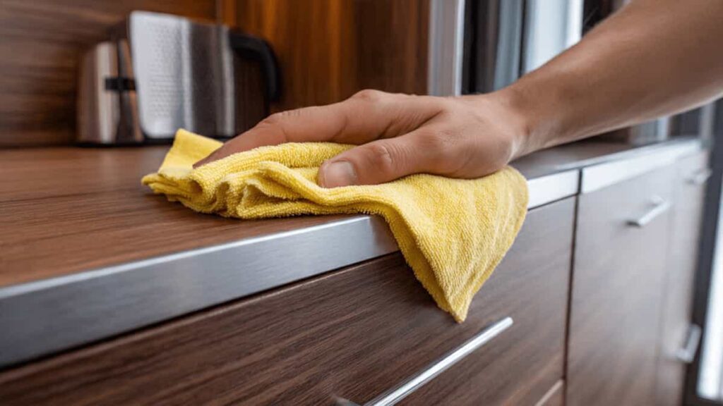 Cleaning aluminum kitchen cabinets with microfiber cloth in modern kitchen