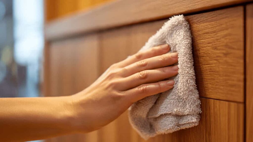 Cleaning polished wood kitchen cabinets with microfiber cloth in modern kitchen