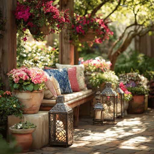 decorative garden patio with lanterns cushions and flower pots