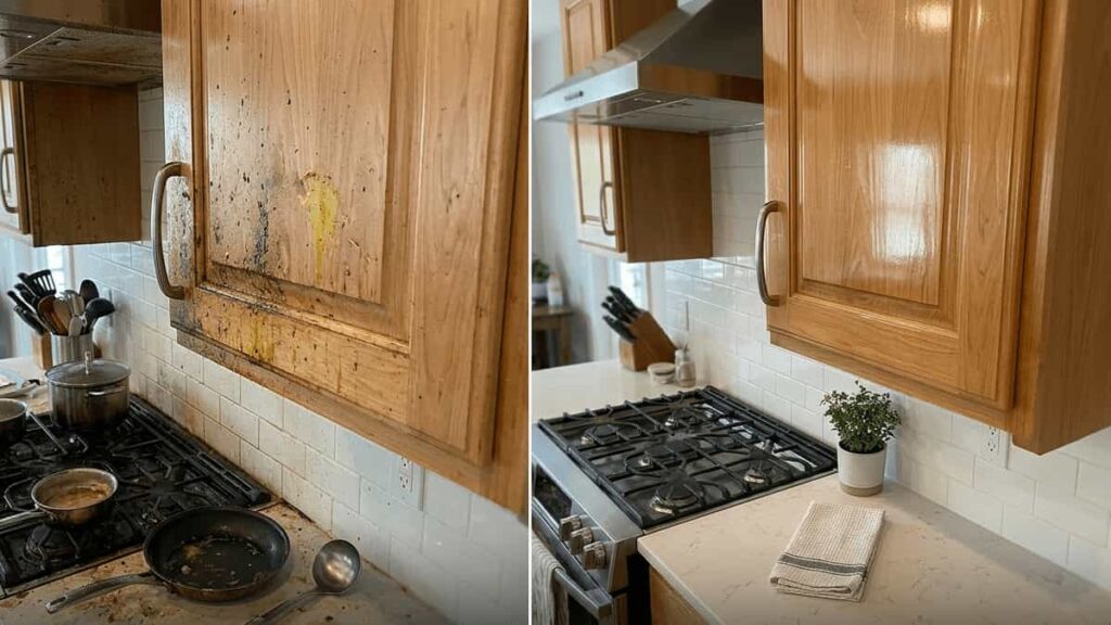 Greasy kitchen cabinet before and after cleaning comparison
