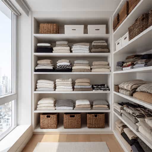 neatly organized closet shelves with folded towels and storage boxes