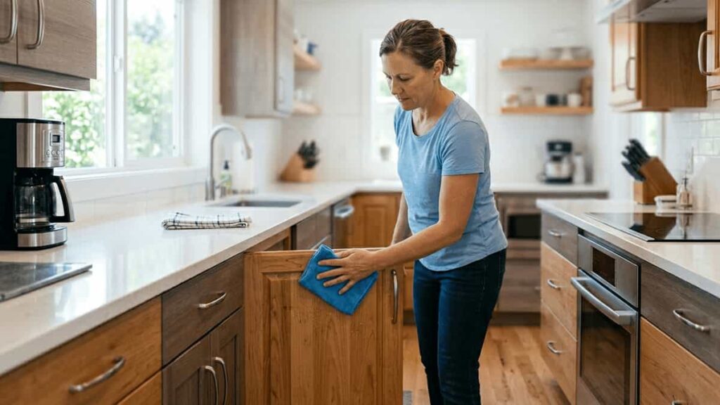 Person cleaning kitchen cabinets with microfiber cloth in modern kitchen