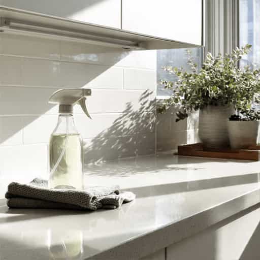 clean kitchen countertop with spray bottle and cloth in natural sunlight