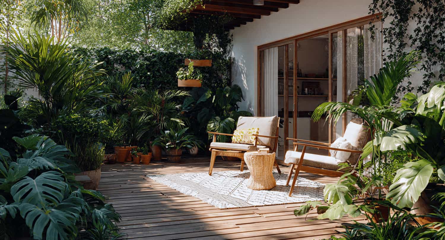 lush backyard garden patio with wooden deck seating surrounded by tropical plants