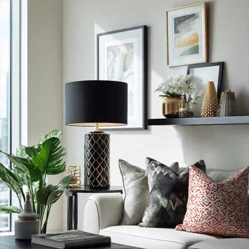 modern living room decor with table lamp plants and wall art