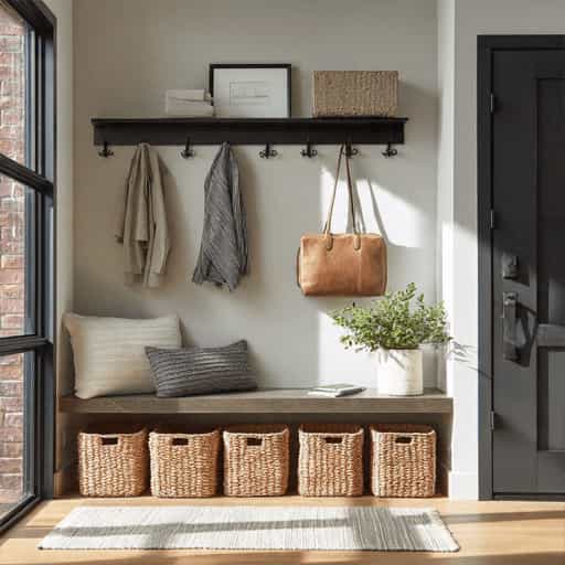 organized entryway with storage bench baskets and wall hooks
