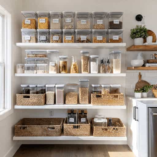 organized pantry shelves with jars baskets and containers