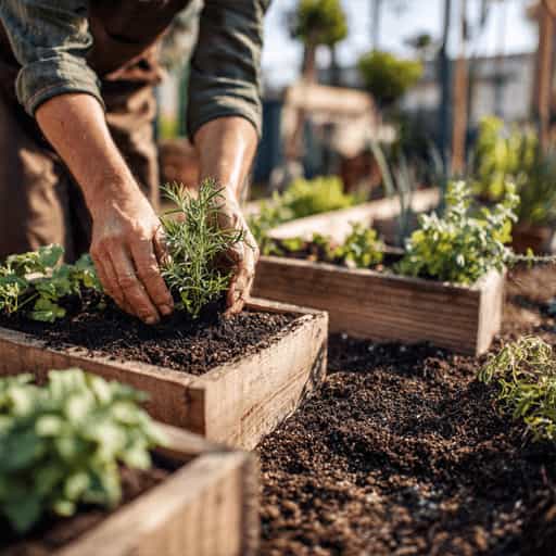 planting young seedlings in raised wooden garden bed