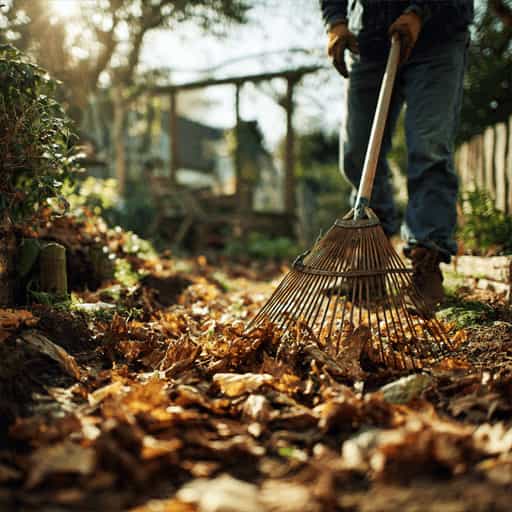 raking fallen leaves in backyard garden during autumn