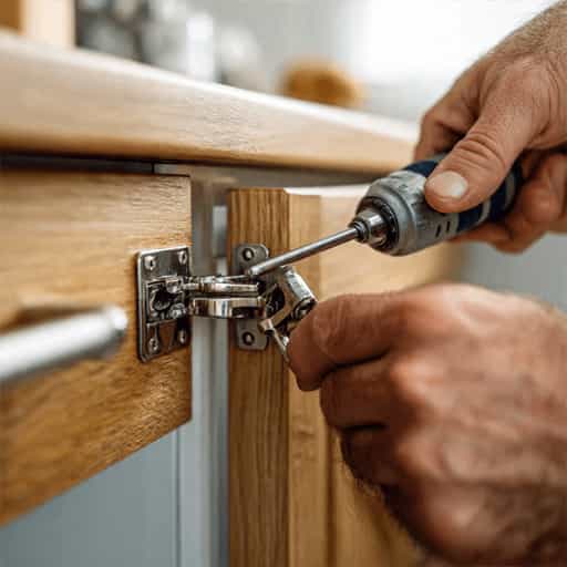 person repairing cabinet hinge with screwdriver in kitchen
