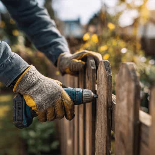 repairing wooden garden fence with power drill