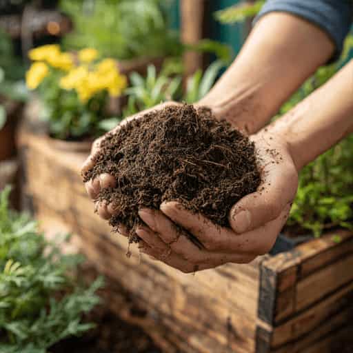 hands holding rich garden soil for planting