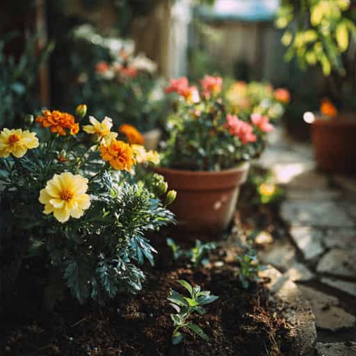 colorful seasonal flowers growing in backyard garden bed