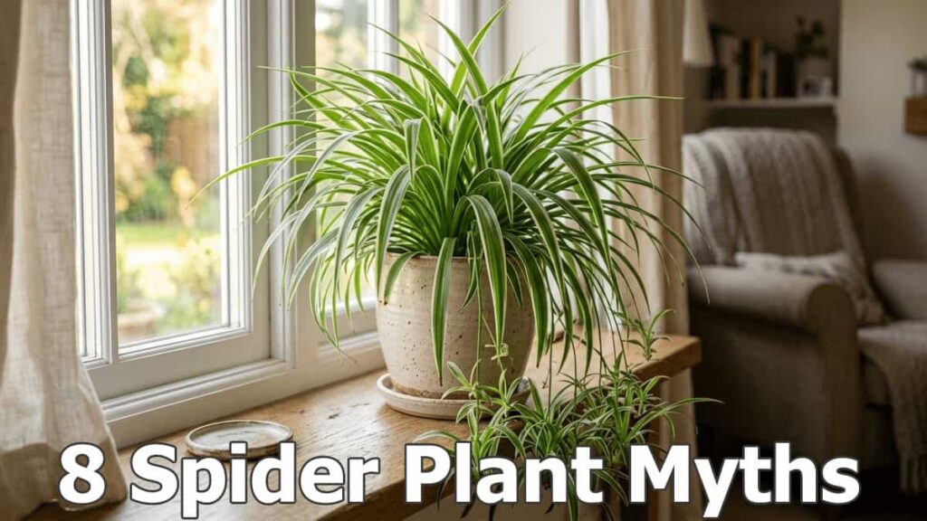 healthy spider plant in bright indoor window setting 8 spider plant myths guide
