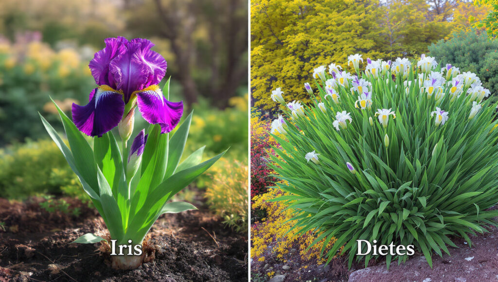 Lush garden scene with African iris (Dietes) in the foreground and tall purple bearded irises in the background