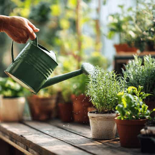 watering potted garden plants with green watering can on wooden table