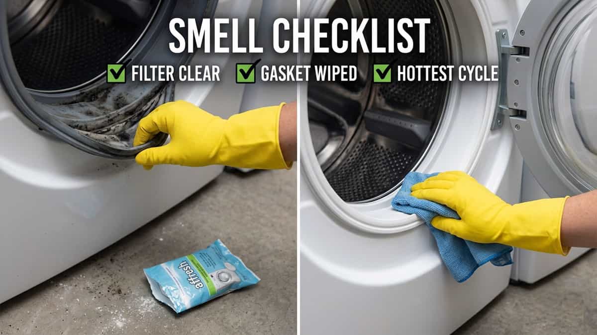 Hand in yellow glove wiping black mold from the rubber gasket of a front load washing machine after Affresh tablet failed to remove smell. Overlay checklist for fixing odor.