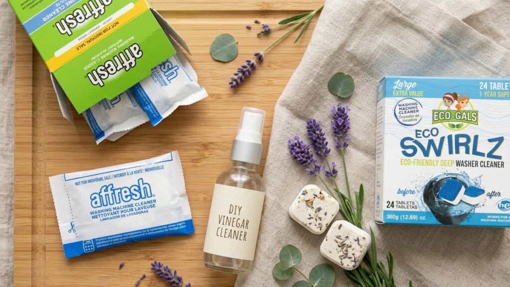 Side by side comparison of Affresh tablet and Eco-Gals Eco Swirlz plant-based washing machine cleaner on a bamboo surface.