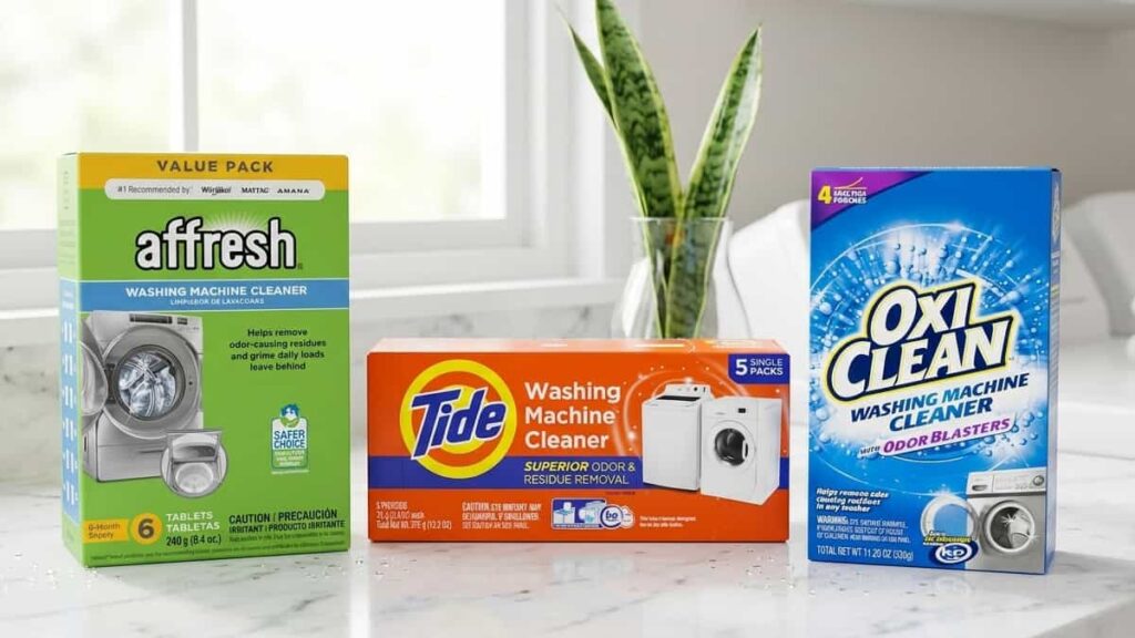 Flat lay comparison of Affresh tablet, Tide powder, and OxiClean powder washing machine cleaners on a laundry room counter.
