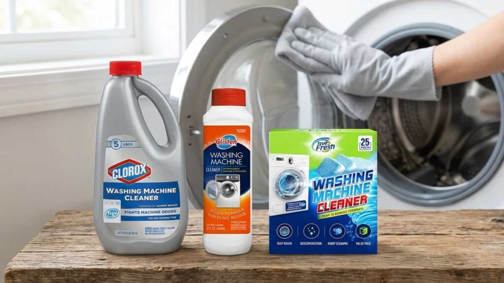 Comparison of Clorox sanitizing pouch, Glisten Washer Magic descaler bottle, and True Fresh generic cleaning tablets for washing machine maintenance