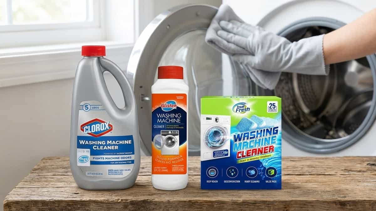 Comparison of Clorox sanitizing pouch, Glisten Washer Magic descaler bottle, and True Fresh generic cleaning tablets for washing machine maintenance