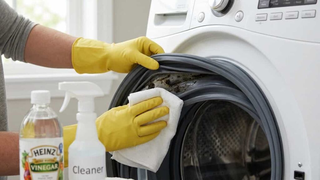 Hand in yellow glove pulling back rubber door seal of front load washer and wiping with cloth.