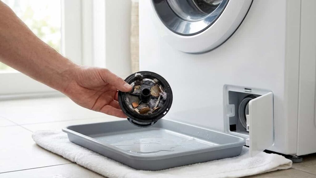 Hand holding removed pump filter from front load washer with tray catching water below open access flap.