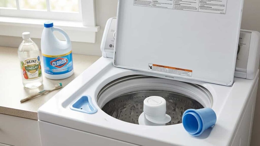 Top load washing machine with lid open showing agitator, vinegar and bleach bottles, toothbrush, and removed dispenser cup.
