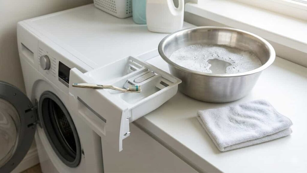 Removed washing machine detergent drawer on counter with basin of soapy water and toothbrush for cleaning.