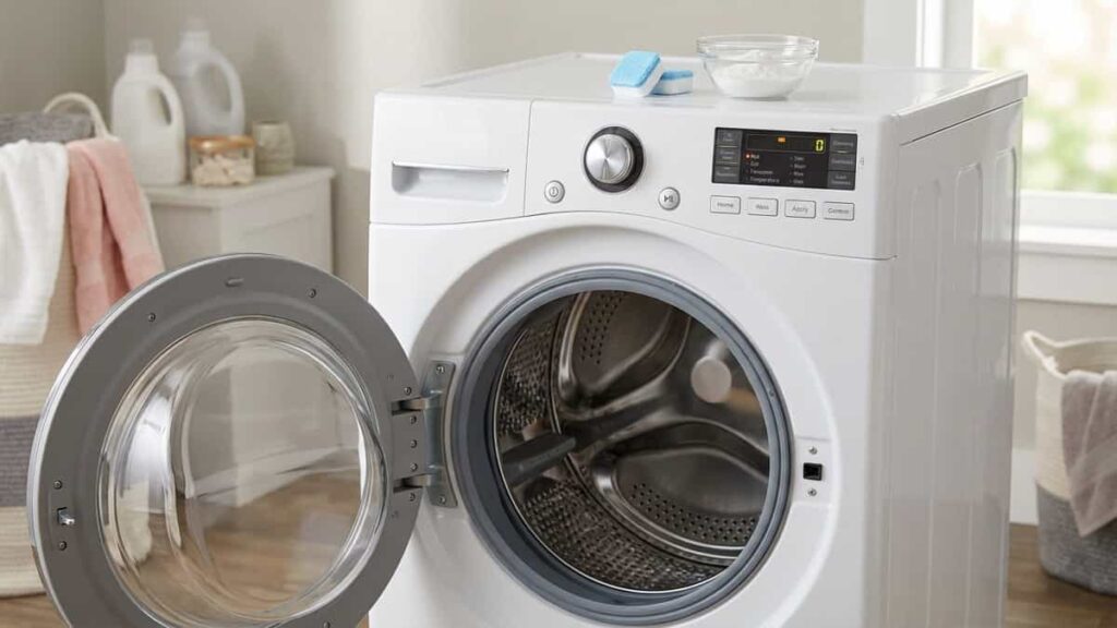 Front load washing machine with empty drum open, cleaning tablet and bowl of vinegar on top, hot cycle selected on control panel.