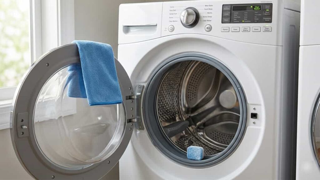 Front load washing machine with door open, Affresh tablet inside empty drum, and Clean Washer cycle selected on control panel.