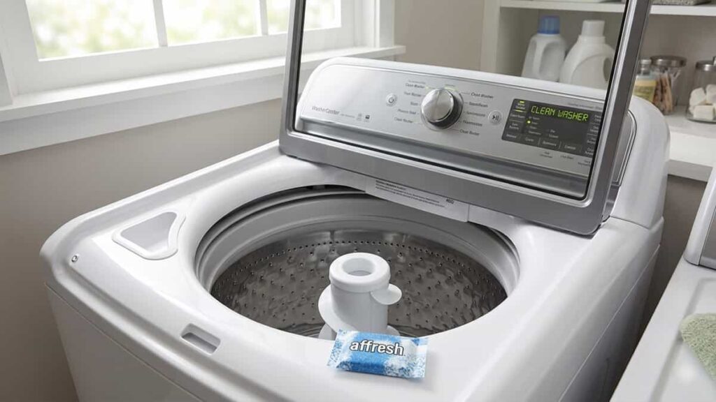 Top load washing machine with lid open, Affresh tablet inside empty wash basket, and hot water cycle selected on control panel.