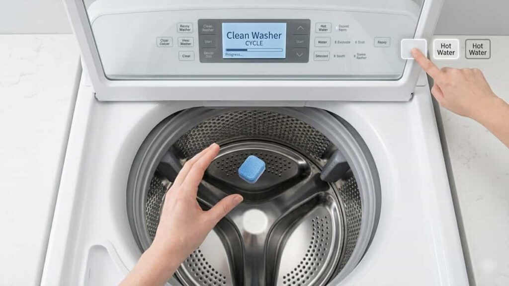 Step-by-step guide showing hand dropping Affresh washing machine cleaner tablet into empty front load washer drum with clean washer cycle selected.