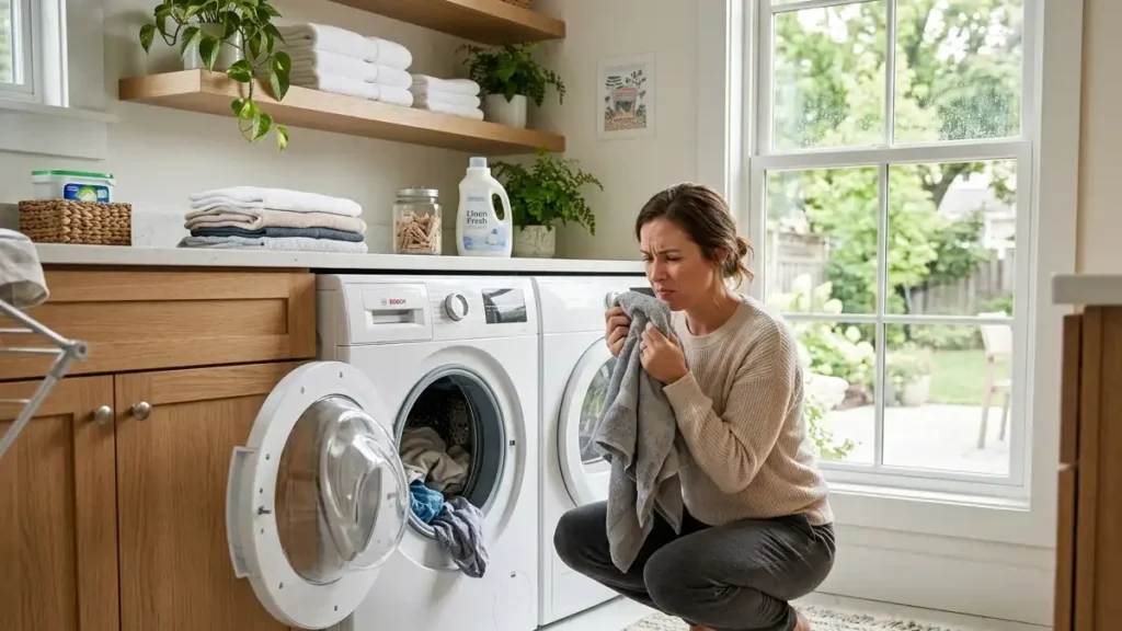 Woman smelling bad odor from freshly washed clothes near front load washing machine