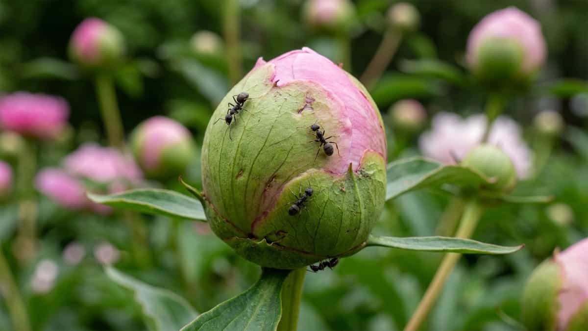 Black ants crawling on a pink peony bud – they are harmless, feeding on natural nectar, not damaging the flower.