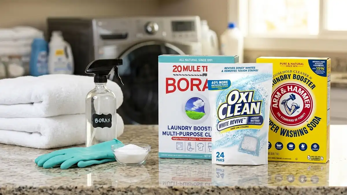 Three popular laundry boosters—20 Mule Team Borax, OxiClean White Revive, and Arm and Hammer Super Washing Soda—arranged on a granite countertop in a bright laundry room next to white folded towels and cleaning supplies.