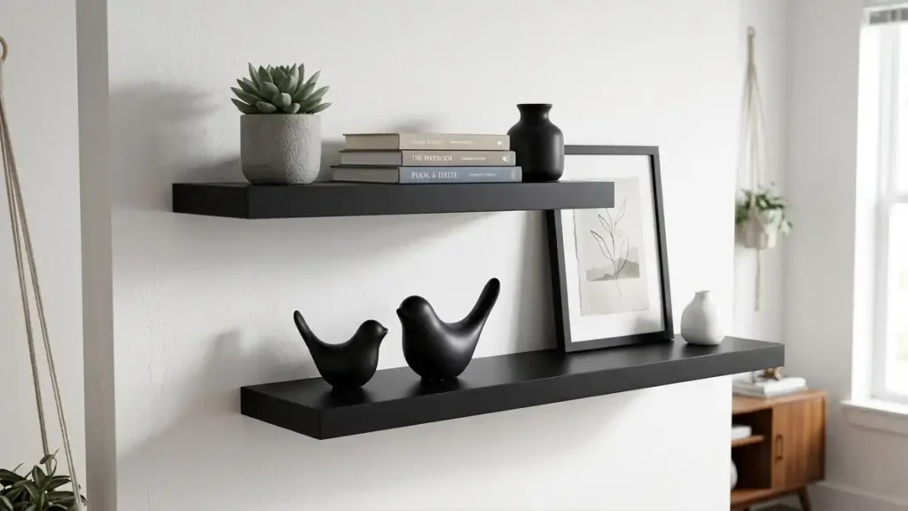 Black ceramic bird decor styled on modern floating shelves with books and plant