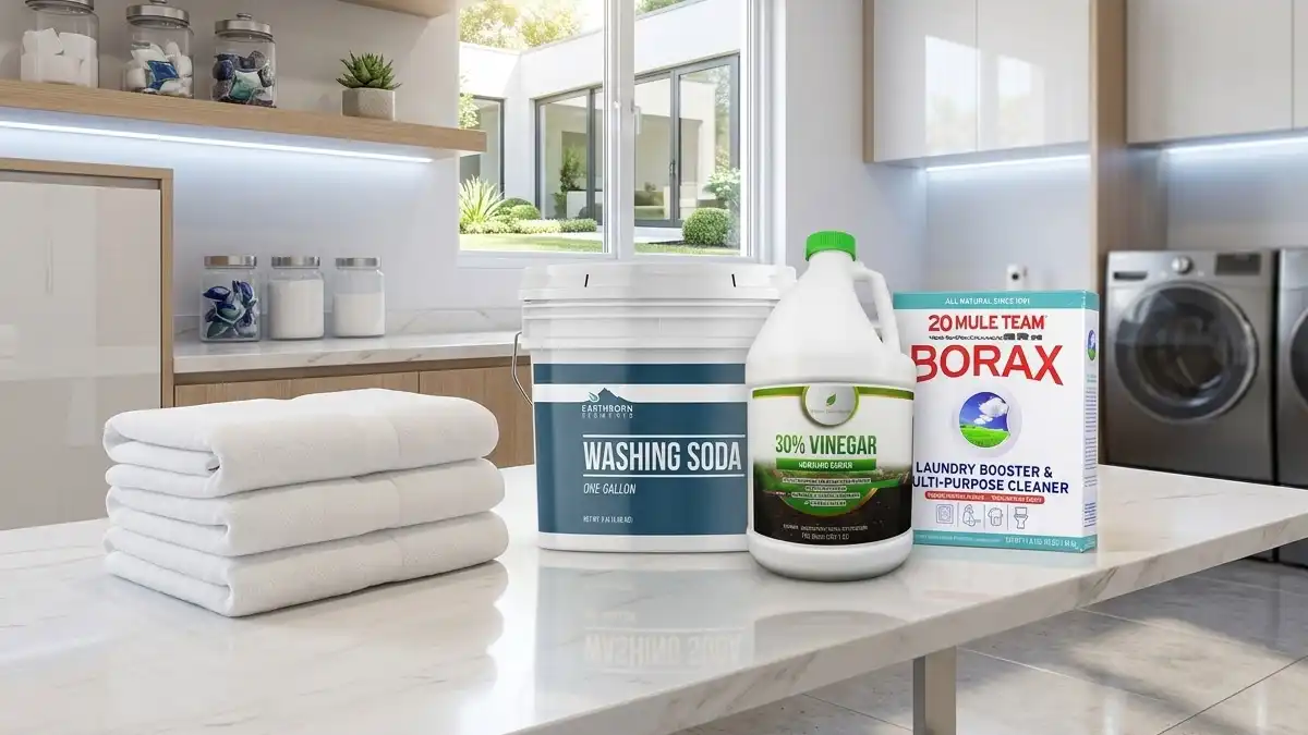 Earthborn Elements Washing Soda bucket, Natural Elements 30% Vinegar jug, and 20 Mule Team Borax box lined up on a white marble island in a bright, modern laundry room next to a stack of folded white towels.