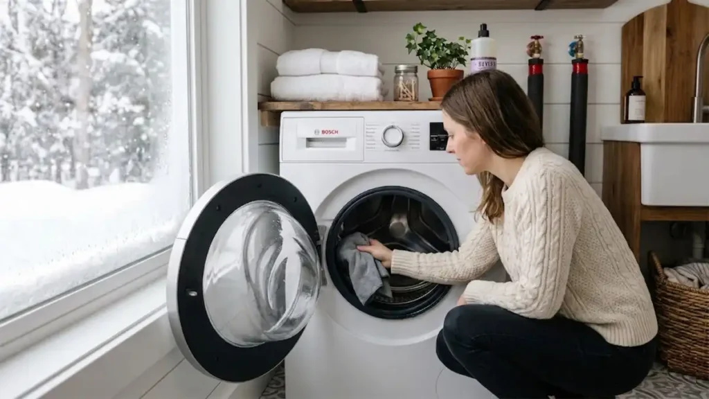 A close-up view of a woman in a knit sweater crouched in a cozy farmhouse laundry room, using a microfiber cloth to wipe and clean the door gasket of a front‑loading Bosch washing machine during a winter snowstorm.