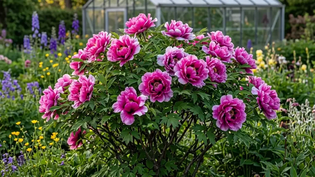 A lush blooming tree peony bush with deep magenta and white-edged petals in a sunny garden with a greenhouse in the background.
