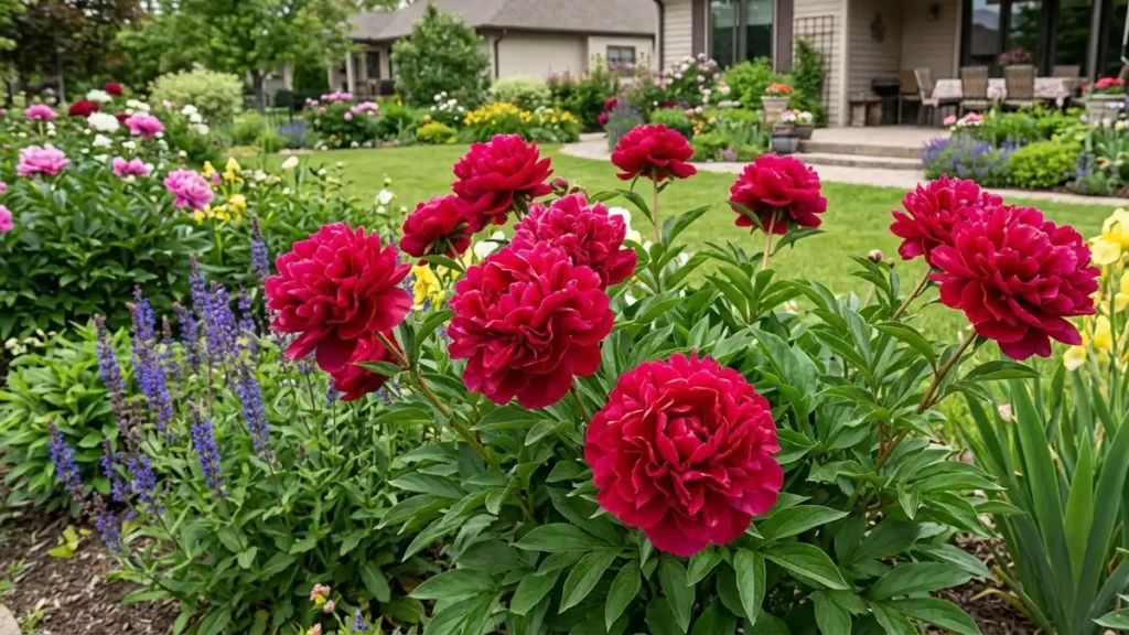 A vibrant cluster of deep red 'Kansas' double peonies blooming in a lush home garden bed alongside purple salvia and yellow irises.